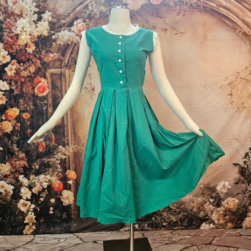Vintage 1950s Kelley Green Cotton Lace Trim Fit and Flare Dress Rockabilly